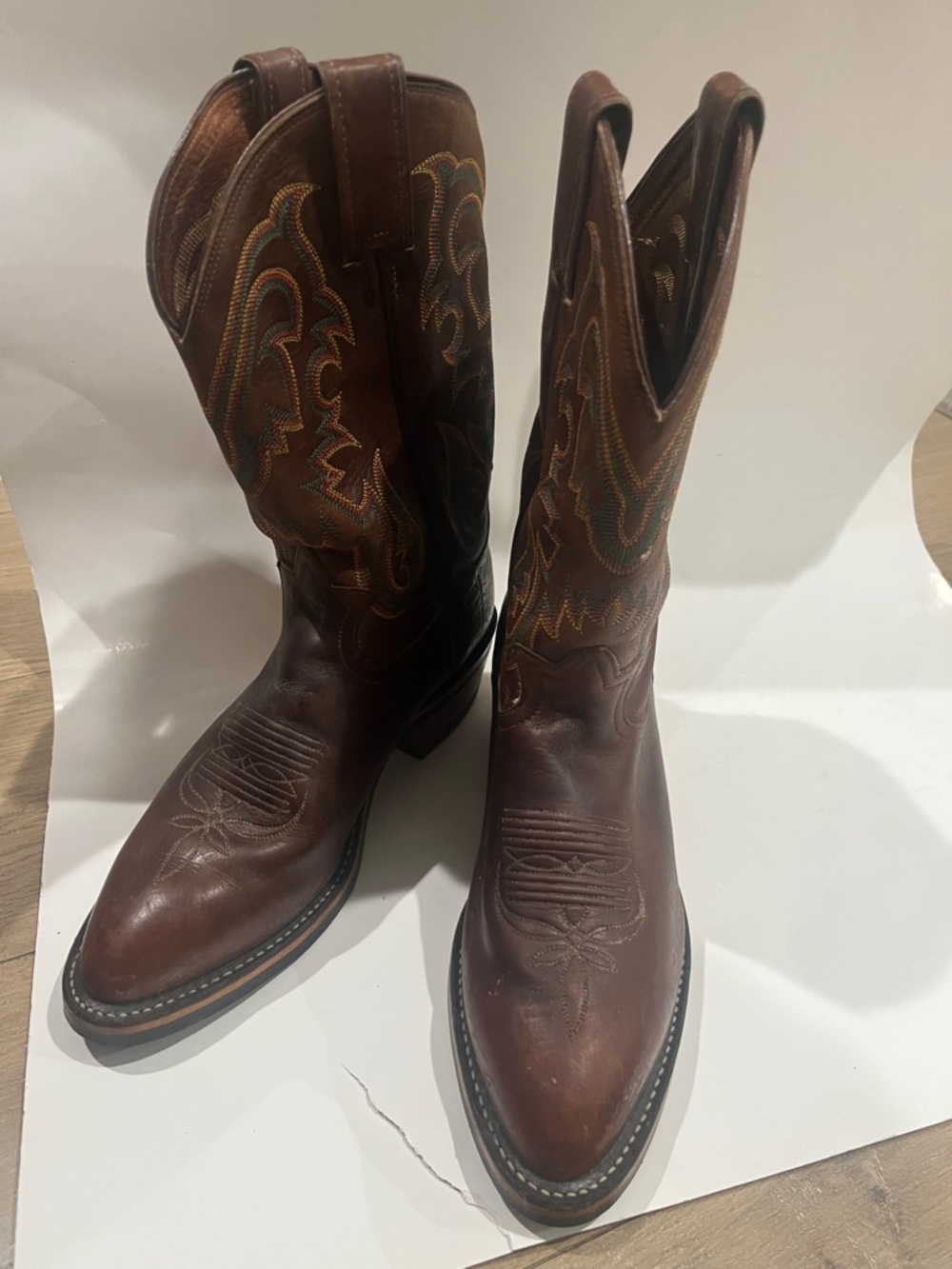 Tony Lama Brown Leather Western Cowboy Boots with Multicolor Stitching Size 8.5D